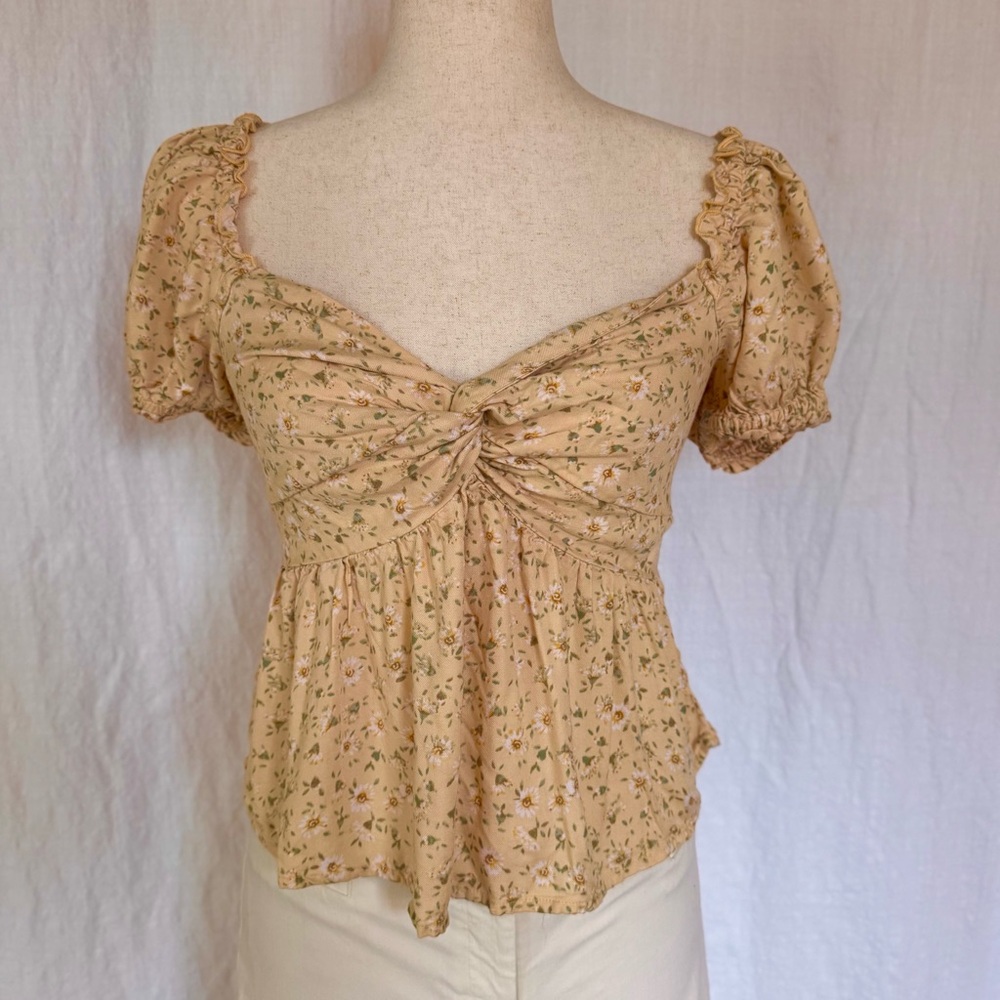Y2K Arizona Jean Co Yellow Floral Print Ruched Puff Sleeve Peplum Top